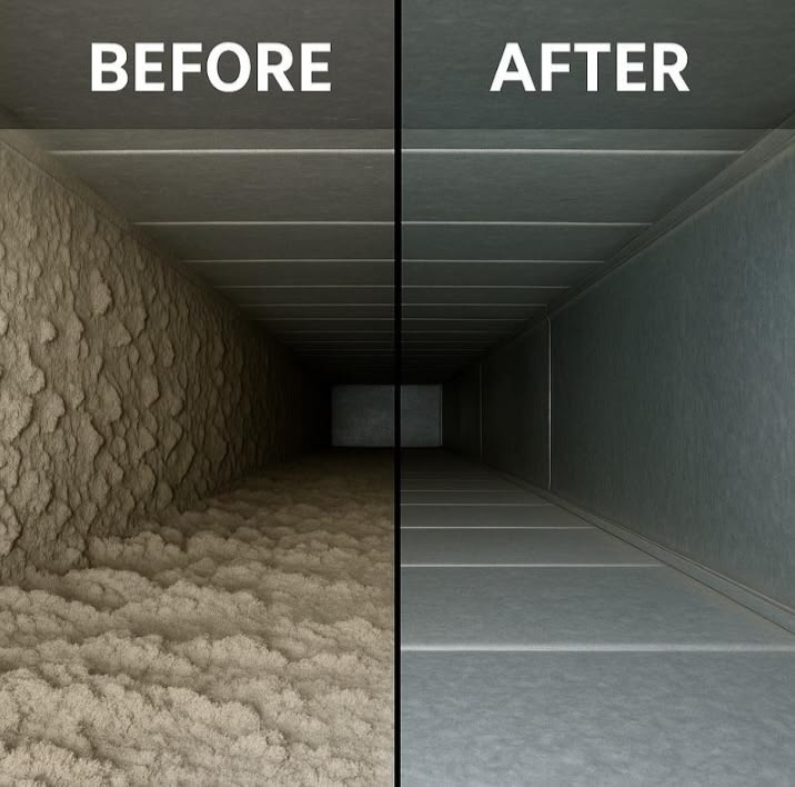 Illustration comparing dust buildup in a duct with a clean duct