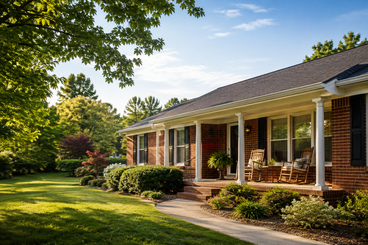 Illustrative image of a welcoming brick ranch home with a shaded porch and rocking chairs